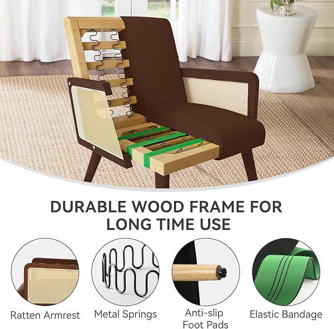 Rattan Arm ChairAccent Chair for Living Room Modern Dinning Chair for Kitchen Lounge Chair Indoor for Reading Room Brown