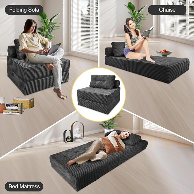 Folding Sofa Bed Convertible Couch Chair with Pillow Boneless Velvet Foldable Sleeper Sofa with Back Support Portable Fold Out Lounger for Living Room Apartment &amp Dorm Dark Grey Corduroy | Lu