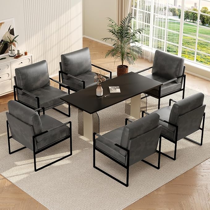 CANMOV Mid Century Modern Accent Chair Set of 6 Breathable PU Leather Armchair with Removable Cushion Comfy Living Room Chairs with Sturdy Metal FrameThicker Backrest for Living RoomDark Grey