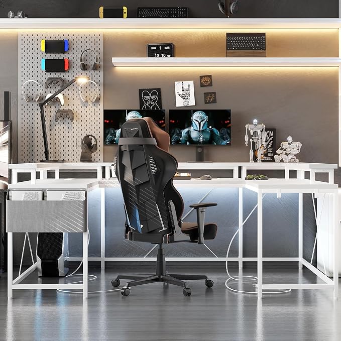 U Shaped Desk with Power Outlets USB Ports &amp RGB LED Lights 79 Inch Large Corner Computer Desk with Monitor Stand Reversible Gaming Desk for Home Office Ergonomic Workstation (White)