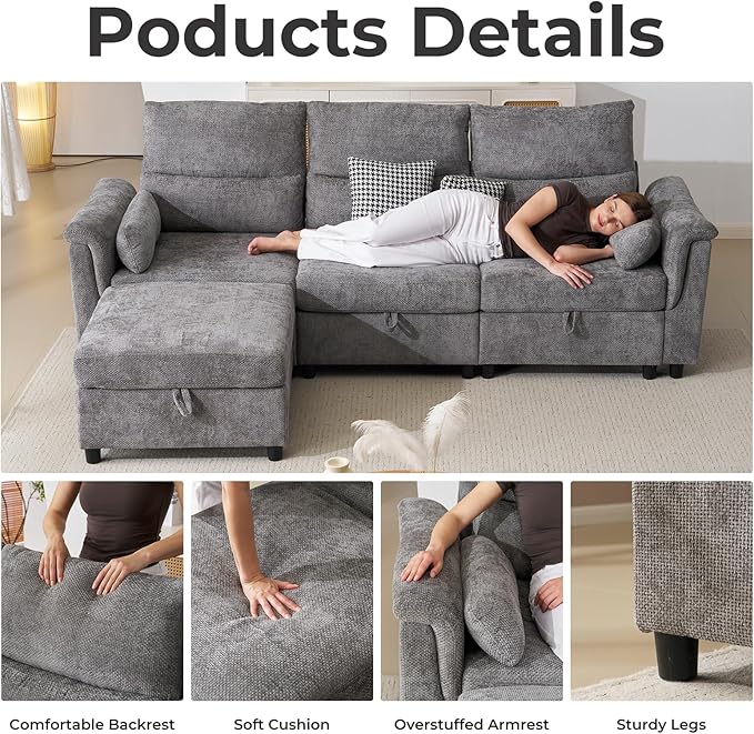 103'' L Shaped Couch Cloud Modular Sectional Sofa with Storage Extra Deep Seat Modern Chenille Sofa with Chaise Throw Pillows 4 Seat Convertible Sectional Couches for Living Room Grey