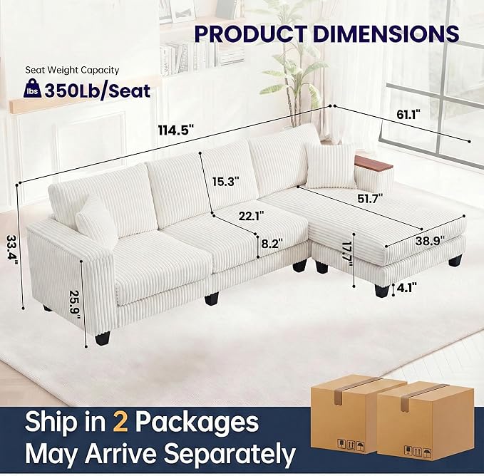 114 Cloud Sectional Couch with L-Shape Reversible Chaise Modern Corduroy L Shaped Couch with 2 Pillows &amp Storage Armrests 4 Seater Sectional Couches for Living Room Plush Corduroy White