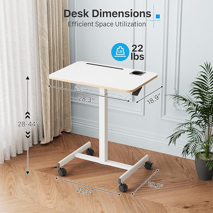 Mobile Standing Desk Rolling Laptop Table Adjustable Height with Cup Holder 28 inch Portable Cart Workstation with 4 Lockable Wheels White with Hook and Slots for Home Office