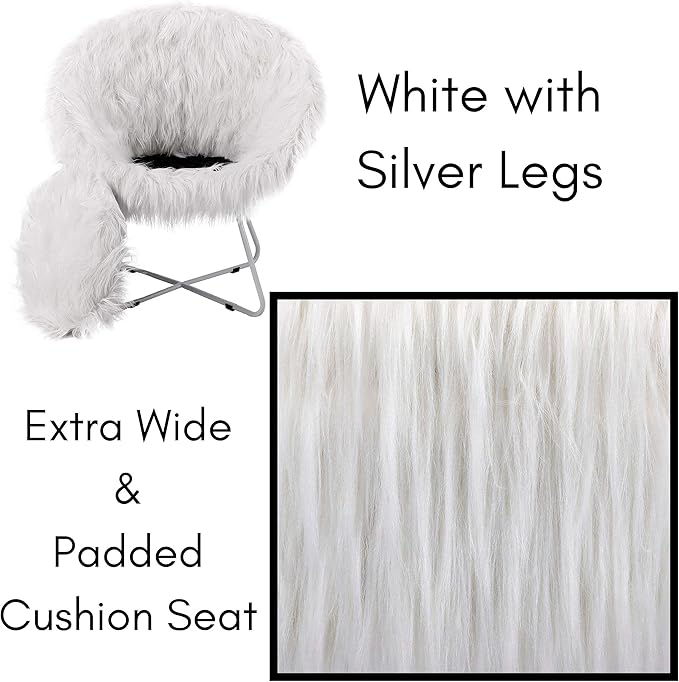 BIRDROCK HOME Papasan Chair with Silver Legs - Oversized Comfy Cushion for Indoor Lounge Bedroom Dorm or Living Room - Cozy Fuzzy Seat - Metal Frame - Large Circle Lounge Chair Patio Chair - White