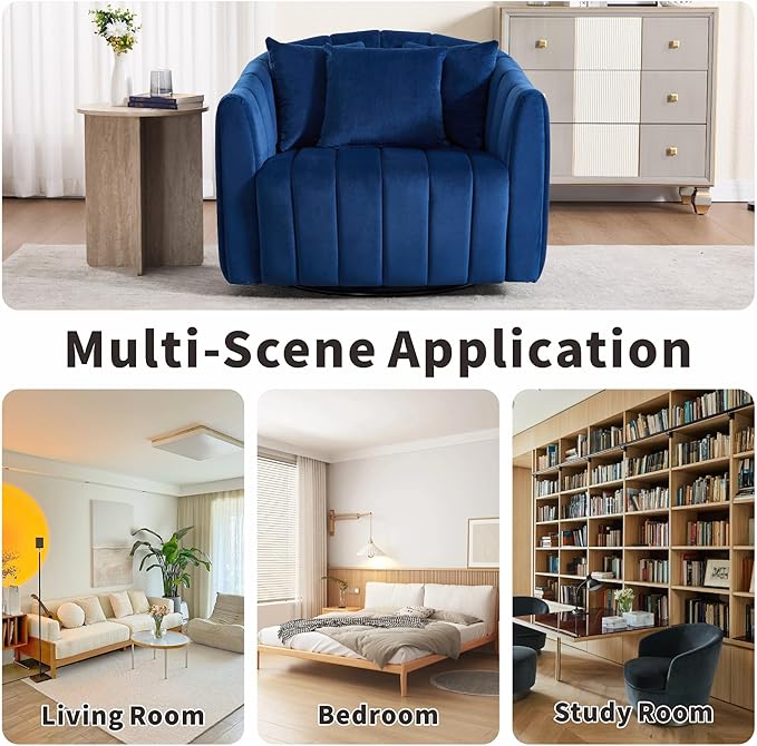 Mlmh &amp Kngwa 40.35 W Swivel Accent Chairs Oversized 360 Degree Swivel Barrel Chair with 3 Pillows Velvet Armchair for Living Room Bedroom Navy