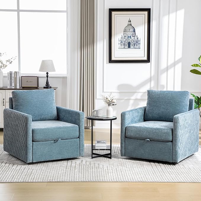 Swivel Accent Chair Set of 2 Modern Swivel Barrel Chair with Hidden Storage 360 Degree Comfy Square Accent Barrel Chair Upholstered Sofa Armchair for Living RoomBedroomChenille Blue