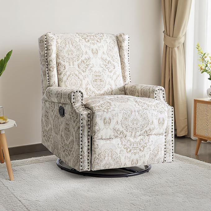 Swivel Rocker Recliner Chair Manual Nursery Glider Recliner Floral Fabric Wingback Accent Chair with Adjustable Backrest &amp Footrest for Small Spaces Living Room Bedroom (Beige Set of 2)