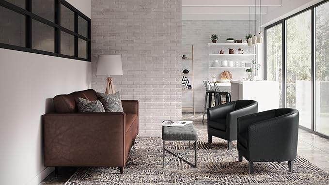SIMPLIHOME Austin Tub Chair - 30 inch Wide Upholstered Faux Leather Contemporary Accent Chair in Black for Living Room or Office with High Arms Removable Cushion and Wraparound Back Design