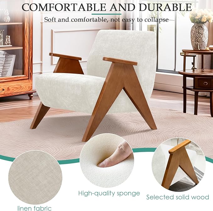 Home Accent Chair Mid Century Modern Accent Chair with Wood Frame Lounge Upholstered Armchair Reading Chair Sturdy BaseFor Living Room BedroomOfficeComfy Guest Waiting Room ChairsBeige