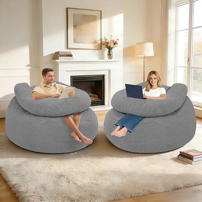 HABUTWAY Giant Bean Bag Chair Oversized Beanbag Chair with Filler Ultra Soft Teddy Fleece Bean Bag Lounge Floor Sofa w/U-Shaped Pillow for Gaming Reading Light Grey &amp Light Grey