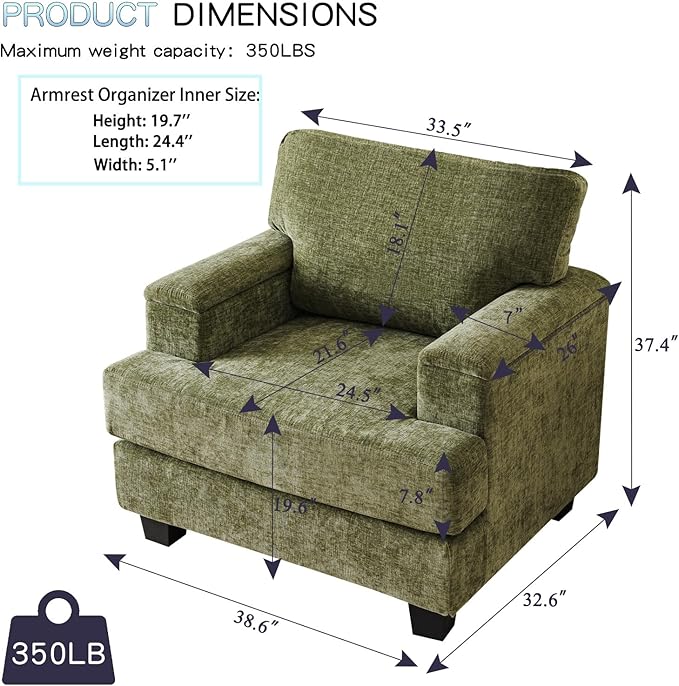 Oversized Accent Chair with Armrest OrganizerComfy Living Room Chairs with 7.8'' CushionUpholstered Mid-Century ArmchairLarge Reading Chair for Bedroom Living RoomOfficeChenilleGreen