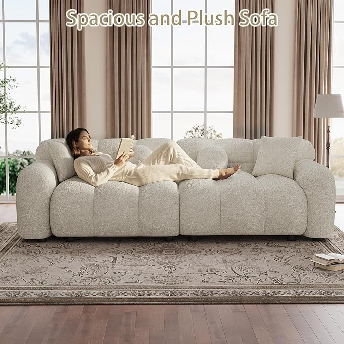 87.3 Modern Sofa Couch Comfy Deep Seat Chenille Cloud Sofa Upholstered 3-Seater Couch Oversized Loveseat for Living Room Bedroom Office Apartment Beige White