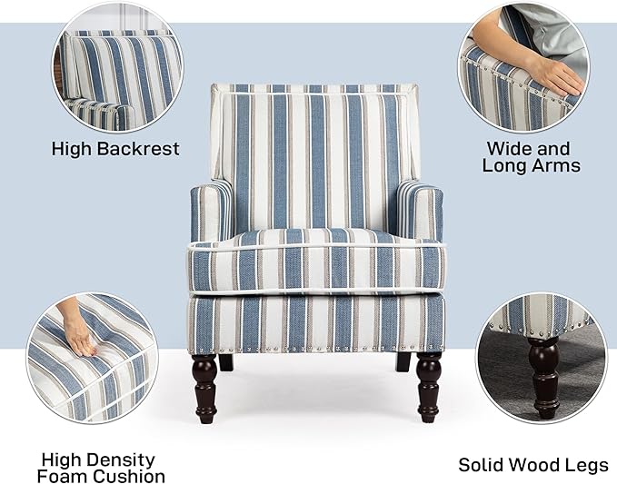 Accent Chair Modern Comfy Mid-Century Accent ChairsLinen Upholstered Lounge Arm Chair with Solid Wood Reading Side Padded Single Sofa for Living Room/Office/Balcony/Bedroom-Blue Stripe