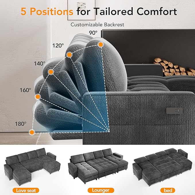 Vipbear 105 Chenille Sectional Sleeper Sofa Bed with Pull Out Bed U Shaped Couch Sleeper Sofa Bed Pull Out Couch with Reclining Backrest Double Storage Chaise USB Ports Tool-Free Assembly Grey