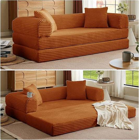 Folding Convertible Sleeper Sofa Bed Corduroy Upholstered Boneless Couch with Pillows Modular Floor Sofa Compression Couch for Living Room No Assembly Required (Orange)