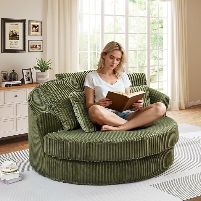 61-inch Boneless Round Chair Circle Corduroy Memory Foam Upholstered Chaise Lounge Indoor Comfy Reading Accent Deep Seat Sofa Chair for Living Room Bedroom Office No Assembly Required Green