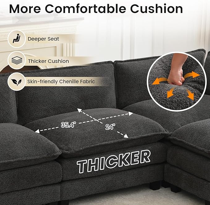 ROWHY Oversized Modular Sectional Couch with Movable Ottoman 112 Modern Convertible L Shaped Sofa Set 4 Seat Comfy Cloud Couch with 2 Throw Pillows for Living Room Chenille Charcoal Grey