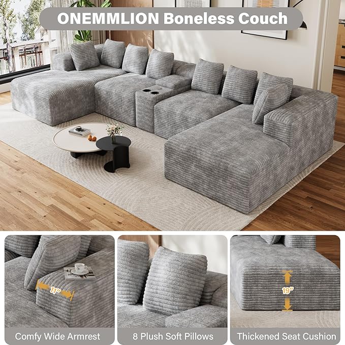 143 Oversized U Shaped Cloud Sectional Couches for Living Room Comfy Fluffy Corduroy Grey Boneless Couch Large Modular Sectional Sofa Set with Chaise Cup Holder USB Port Storage Console