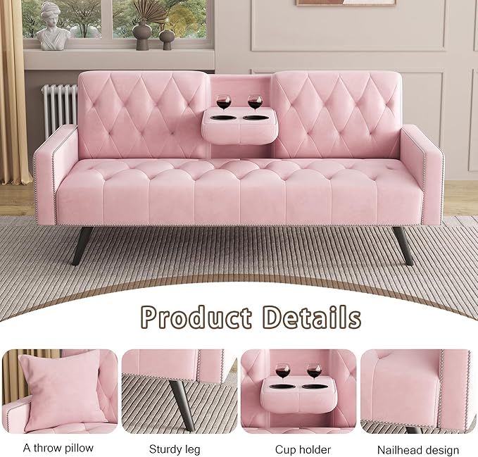 Modern Velvet 2 in 1 Futon Sofa BedConvertible Folding Sleeper Bed Couches with 2 Pillows73 Tufted Recliner Love Seat with Golden Chrome Legs for Living Room Apartment Office (Pink)