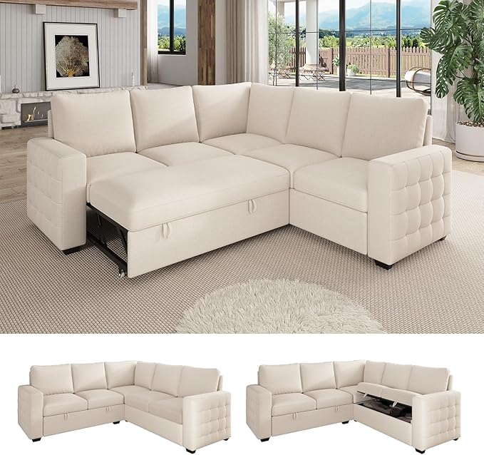 86 Inch Sectional Sleeper Sofa 5 Seat L Shaped Sleeper Sectional Couch with Pull Out Bed Convertible Sofa Bed with Storage for Living Room Apartment Modular Cloud Couches Beige