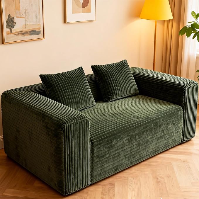 63 2 Seater Boneless Sofa Cloud Loveseat Sofa in A Box for Living Room Corduroy Couch Memory Foam Couch No Assembly Needed Floor Sofa Lounge for Living Room Bedroom Green
