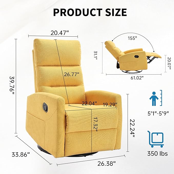 360° Swivel Rocking Chair for Nursery Manual Glider Chair Nursing Chair with Side Pockets Polyester Glider for Living Room Heavy Duty Motion Mechanism Yellow