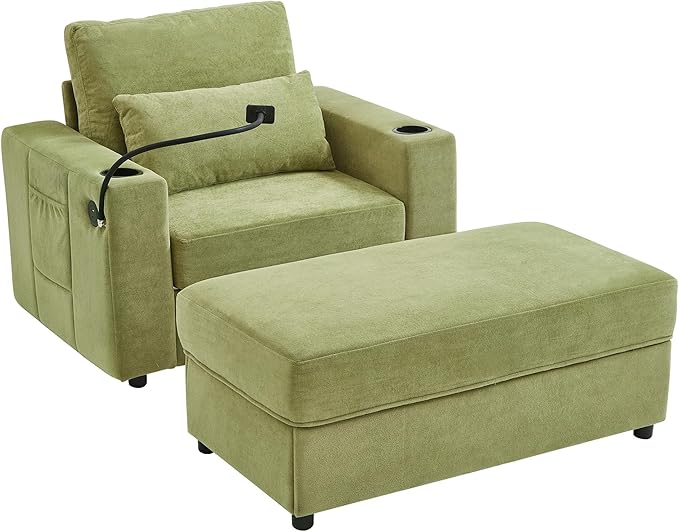42.5 Oversized Armchair with Ottoman Storage Overstuffed Chair and a Half with Cup Holders &amp USB Port Chenille Accent Chairs for Bedroom Living Room Reading Phone Holder Side Pocket (Green)
