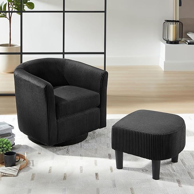 Boucle Swivel Barrel Chair with Ottoman White Sherpa Accent Chair with Curved Backrest &amp Pillow Comfy Upholstered Armchair for Living Room Bedroom Reading Spaces (Black)