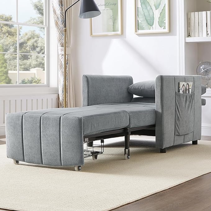 Pull Out Sofa Bed for Living Room 31.5 Upholstered Convertible Sleeper Sofa 3-in-1 Convertible Sleeper Chair with 5-Position Adjustable Backrest Side Pockets and a Storage Basket (Grey/352)