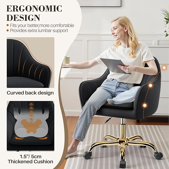 Vanity Chair with Wheels Comfy Home Office Desk Chairs Adjustable Modern Velvet Makeup Vanity Chairs for Bedroom Living Room-Black