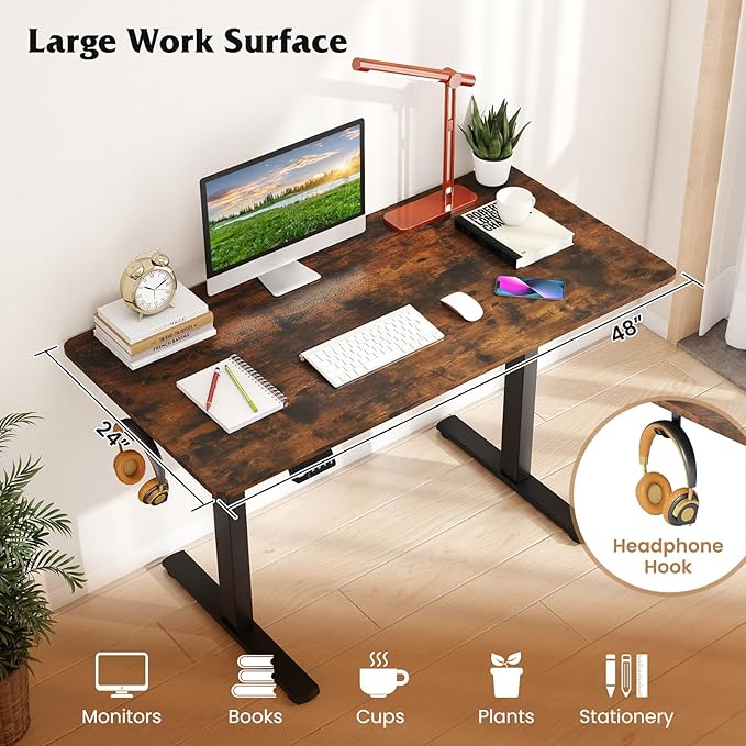 Giantex Electric Standing Desk 48 x 24 Height Adjustable Sit Stand Computer Workstation with 2 Memory Heights Headphone Hook Anti-Collision Design Home Office Computer Desk (Rustic Brown+Black)