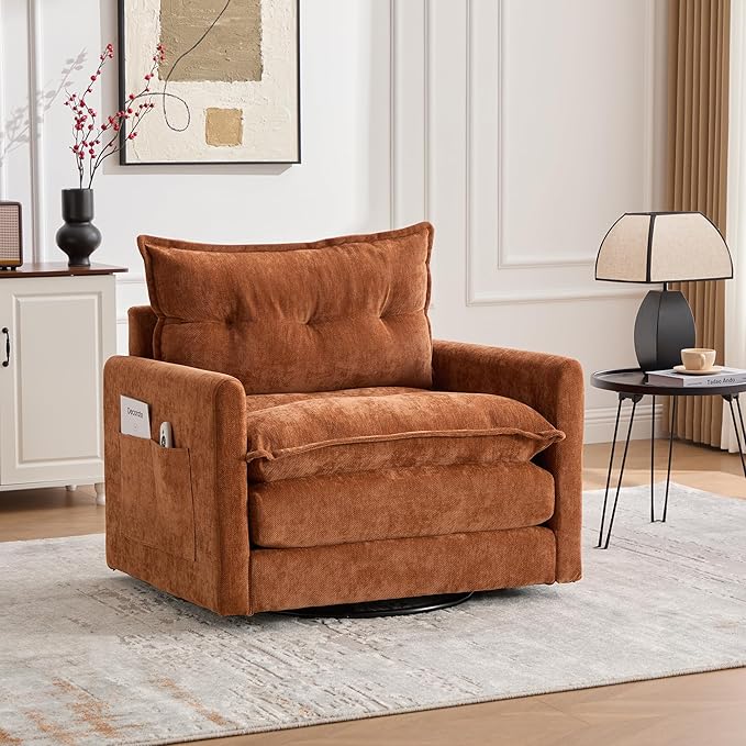 360° Swivel Accent Chair36.22” Swivel ArmchairSquare Accent Barrel Chair with Side Pockets - Upholstered Comfy Single Sofa Chair for Living Room Bedroom Reading Nook (Brown)