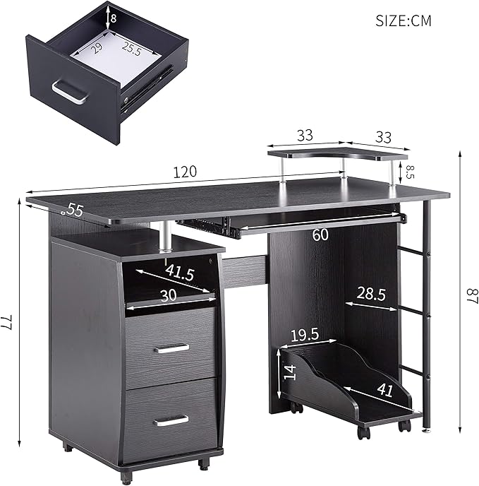 Computer Desk with 2 Storage Drawers Home Office Desk Writing Study Desk Storage Shelves and File Cabinet CPU Tray Black