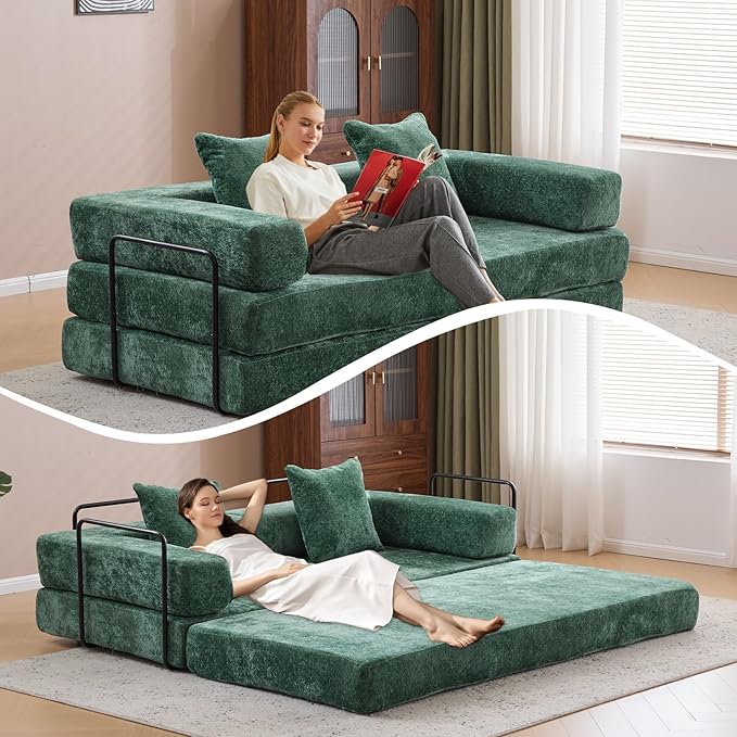 Convertible Sleeper Sofa Bed with Fixed-Shape Frame Floor Sofa Lounge Couch with Cylindrical Pillow Chenille Folding Mattress Couch for Living Room Bedroom-Dark Green