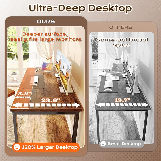 Huuger 55 x 24 inch Desk with Power Outlets &amp USB-C Deeper &amp Thicker Desktop Robust Metal Tubes Computer Desk Heavy Duty Office Desk Work Gaming Desk for Home Office Rustic Brown