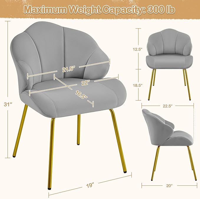 Yaheetech Vanity Chair Velvet Accent Chair with Shell-Shaped Backrest Modern Armchair with Gold Metal Legs for Dressing Room/Bedroom/Living Room Light Gray