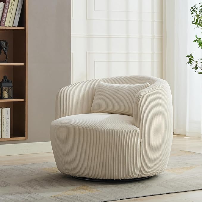 360° Swivel Armchair with Accent Pillow – Premium Corduroy Fabric Sturdy Metal Base &amp High-Density Foam – Ergonomic Lounge Chair for Living Room Office Bedroom – Easy Assembly