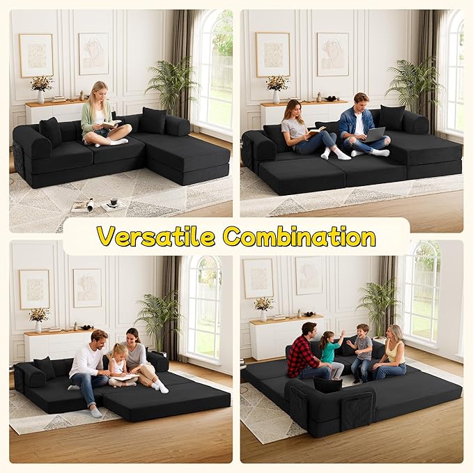 106.3 L Shape Convertible Sleeper Sofa Bed Oversized Modular Sectional Cloud Sofa with Fixed-Shape Frame &amp Storage Pocket Boneless Couch for Living Room No Assembly Required Black