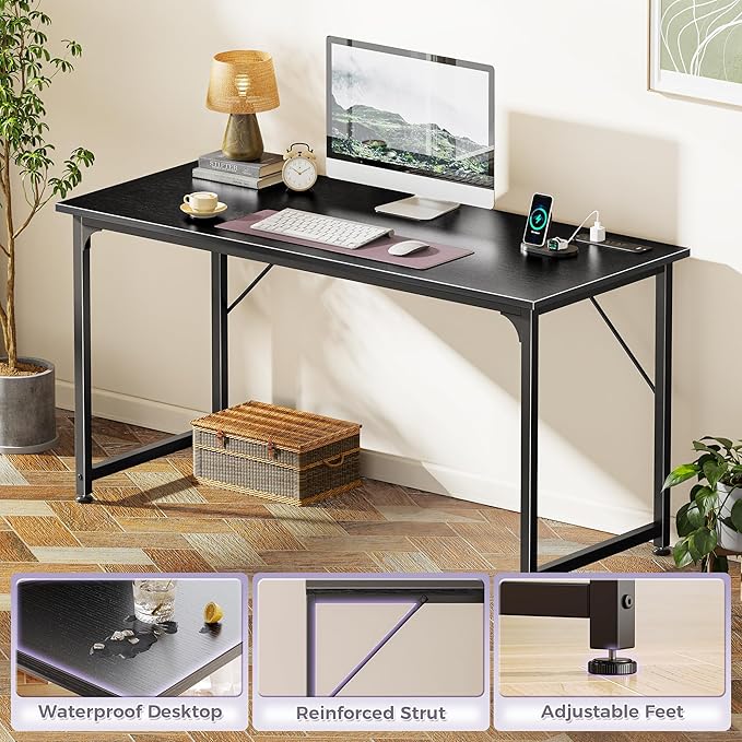 PRAISUN 55 X 20 Inch Office Computer Desk with Power Outlets and USB-C Port Larger and Longer Gaming Desk for Home Office Study Bedroom Writing Work from Home Table Metal Frame Black