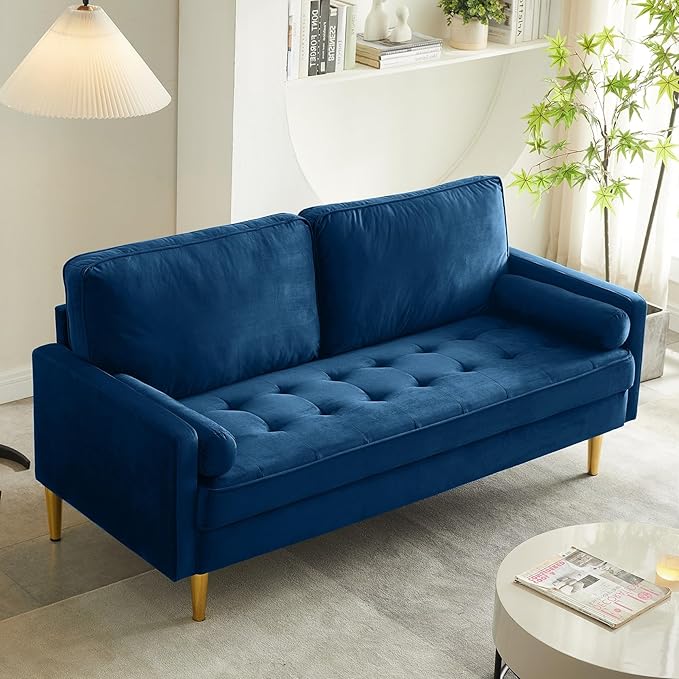 66.9“ Loveseat SofaModern Velvet Small CouchButton Tufted Upholstered Furnituremini CouchSmall loveseat with 2 PillowsSuitable for Living Room Bedroom Apartment. (Blue)