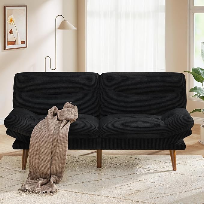Pipishell Futon Sofa Bed Modern 66 Futon Couch Convertible to Bed &amp Lounger Compact Size Corduroy Loveseat Durable Construction - Fits Small Spaces ApartmentsStudy Room(Ink Black 66 Inch)