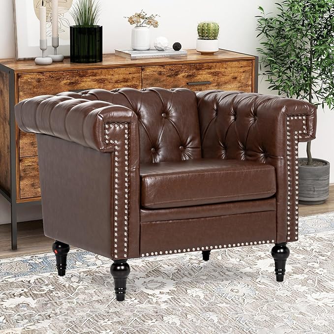 Modern Living Room Chairs Oversized Chesterfield Chair Brown Faux LeatherTufted Arm Accent Chairs Deep Seat Comfy Classic Club Wingback Single Sofa Chair for Bedroom Office Sofa Chair Sets