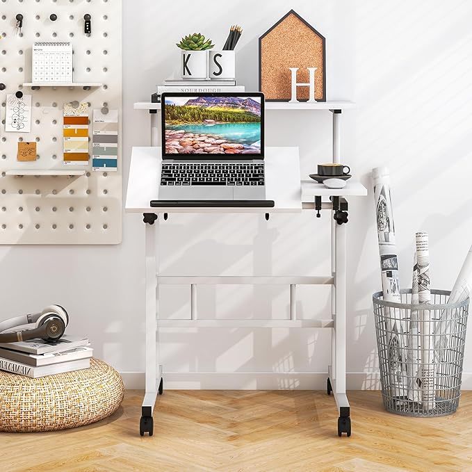 Giantex Mobile Standing Desk Height Adjustable Stand Up Table with Wheels &amp Tilting Tabletop Rolling Laptop Cart Computer Workstation for Standing or Sitting Home Office Sit Stand Desk (White)