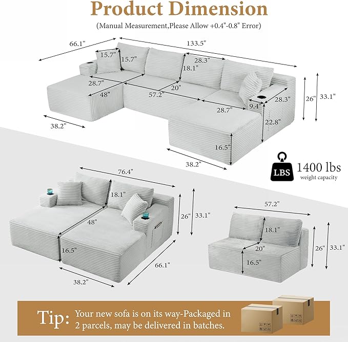 134''Oversized Modular Sectional Sofa Boneless Cloud Couch with Chaise Comfy Sectional Couches for Living RoomBedroomApartment (Light Grey 134''W U-Shaped)