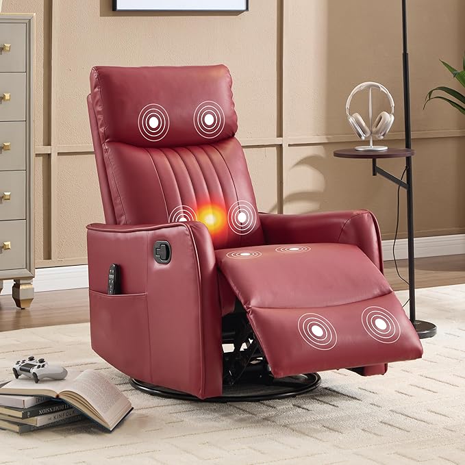 Manual Swivel Rocker Recliner Chair for Adults Overstuffed Reclining Glider Chair for Nursing with Vibration Massage &amp Heat Living Room Rocking Recliner 2-Stage backrest Faux Leather Red