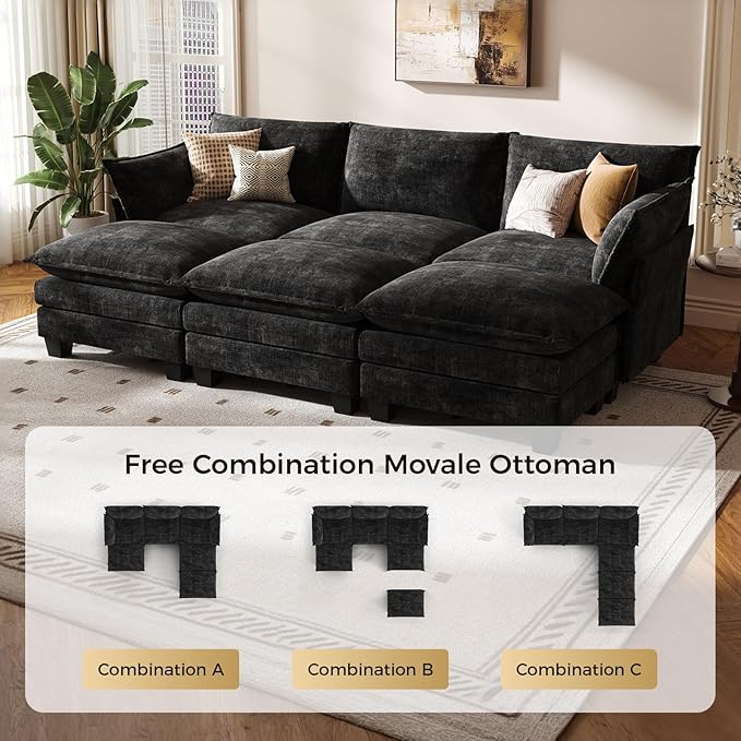 KKL 91.3 Large Modular Sectional Sofa Bed 6 Seater Convertible J/L-Shaped Sleeper Cloud Couch with Ottoman Chenille Sectional Couches for Living Room Apartment Black