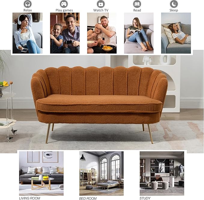59 Modern Boucle Loveseat Couch Small Sofa with Gold Metal Legs2-Seater Upholstered Mini Sofa Couches for Small SpaceLiving Room Bedroom Office Dorm Studio Apartment (Caramel)