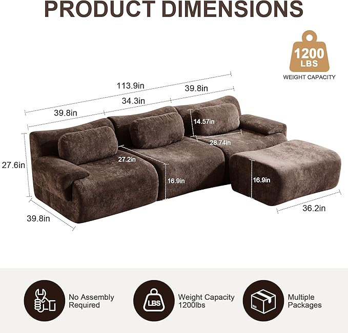 Multiple Modular Boneless Couches for Living Room Cloud Sectional Sofa with Comfy Deep Seat Oversized L-Shaped Convertible Couch with Ottoman for Bedroom Apartment 4 Modules Combined Chocolate