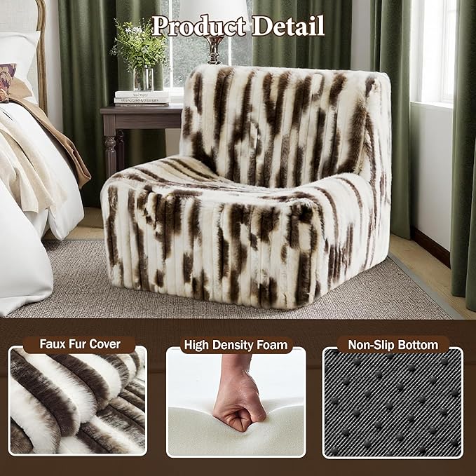 Trenda 32'' Comfy Bedroom Chair for Adult Boneless Space-Saving Accent Chairs with with Spacious Seating Soft Faux Fur Ideal Floor Couch for Living RoomCollege Dorm to Reading (White&amp Brown)
