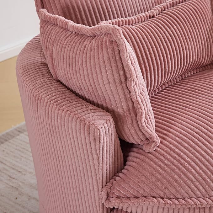 Karl home Swivel Accent Barrel Chair Single Sofa with 3 Pillows 360 Degree Modern Lounge Armchair Chair Comfy Round Reading Chair Corduroy Armchair for Living Room Bedroom Lounge Pink